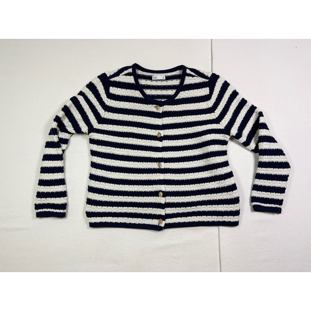 Croft & Barrow Womens XL Navy Blue White Striped Textured Knit Cardigan Sweater